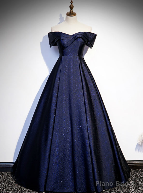 Navy Blue Satin Off the Shoulder Prom Dress Main image