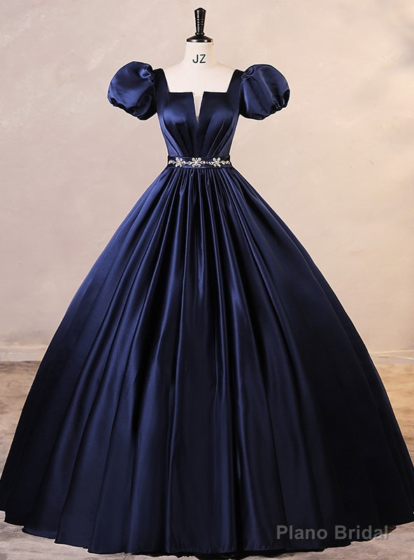 Navy Blue Satin Puff Sleeve Pleats Quinceanera Dress Main image
