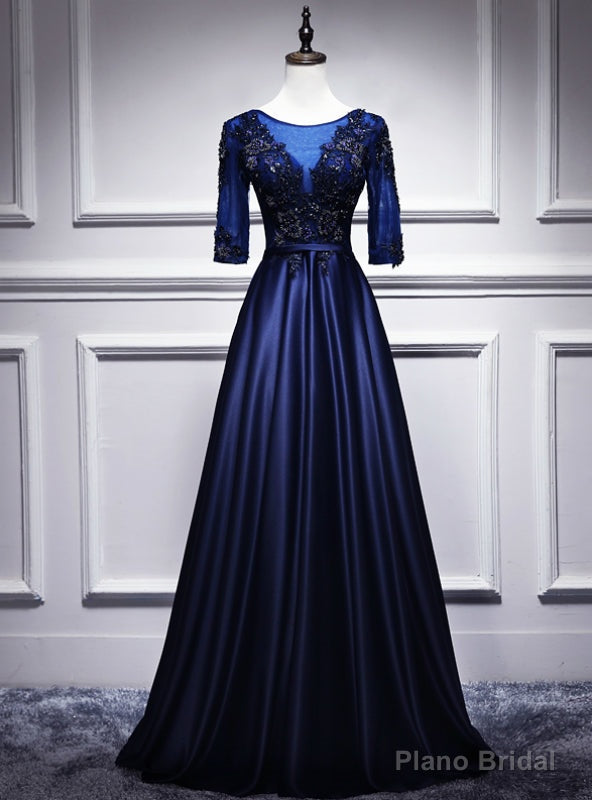 Navy Blue Satin Short Sleeve Appliques Beading Prom Dress