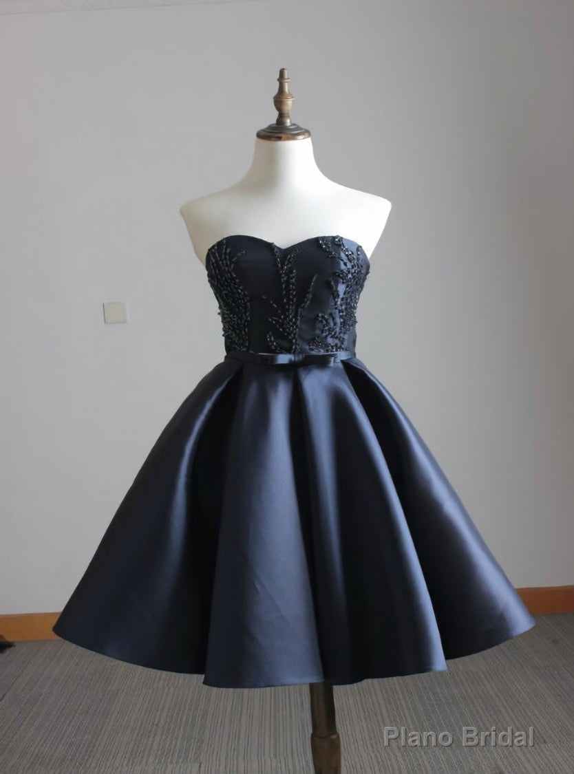Navy blue satin sweetheart beaded short party dresses for teens Main image