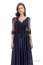 Navy Blue Satin V-neck Short Sleeve Beading Prom Dresses
