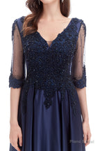 Navy Blue Satin V-neck Short Sleeve Beading Prom Dresses