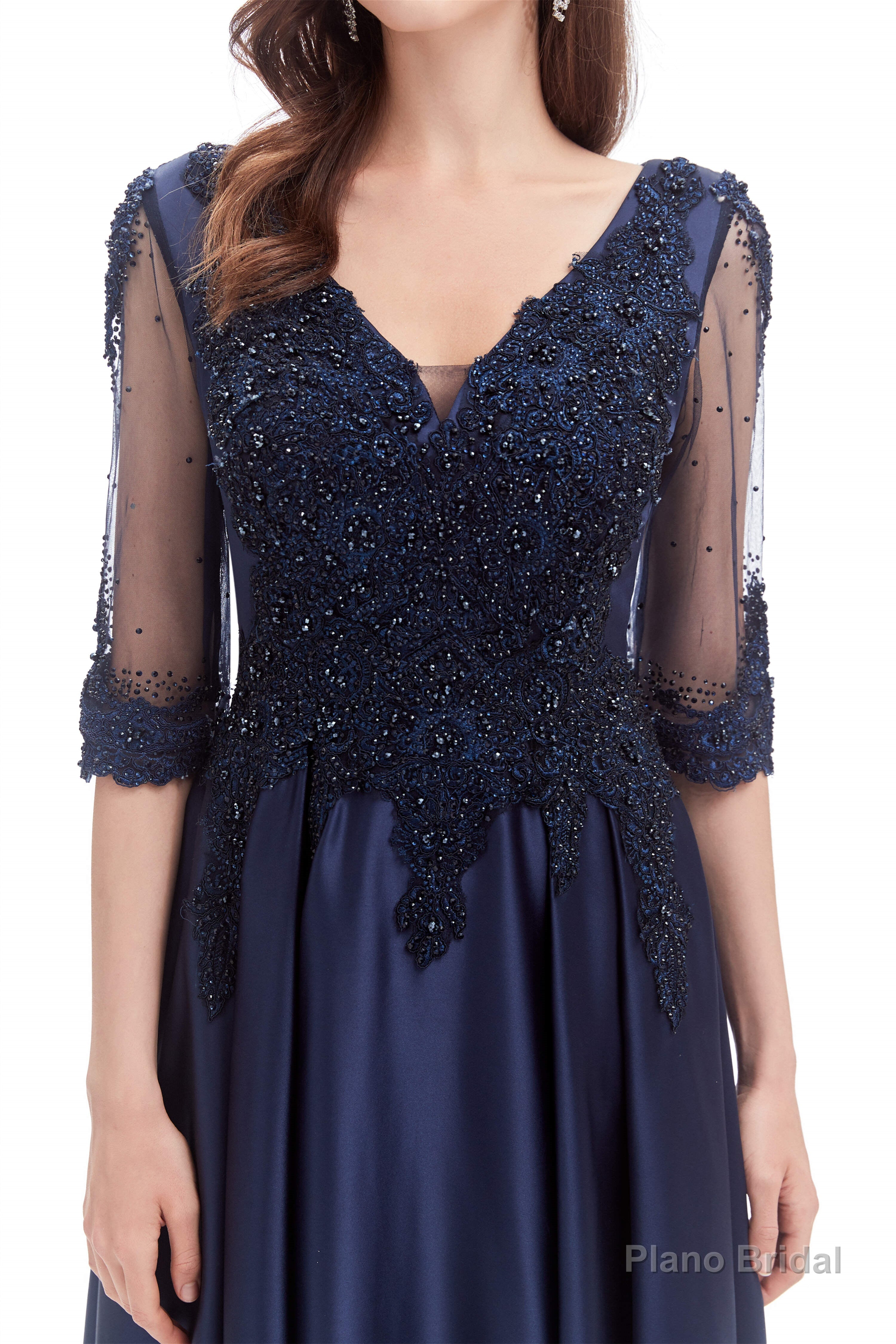 Navy Blue Satin V-neck Short Sleeve Beading Prom Dresses