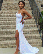 Navy Blue Sequin Long Formal Prom Dresses Mermaid Cross Back Formal Evening Party Dresses