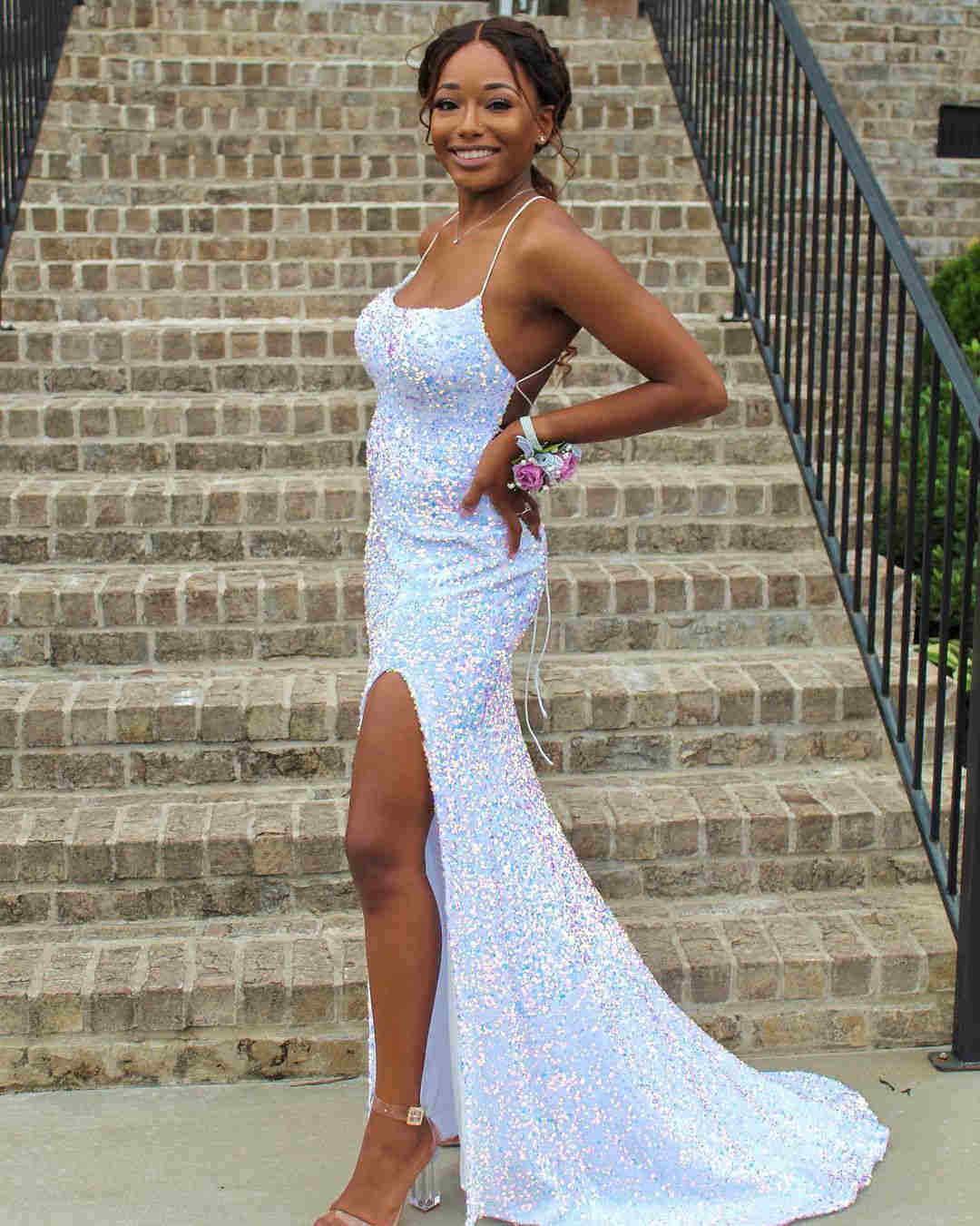 Navy Blue Sequin Long Formal Prom Dresses Mermaid Cross Back Formal Evening Party Dresses