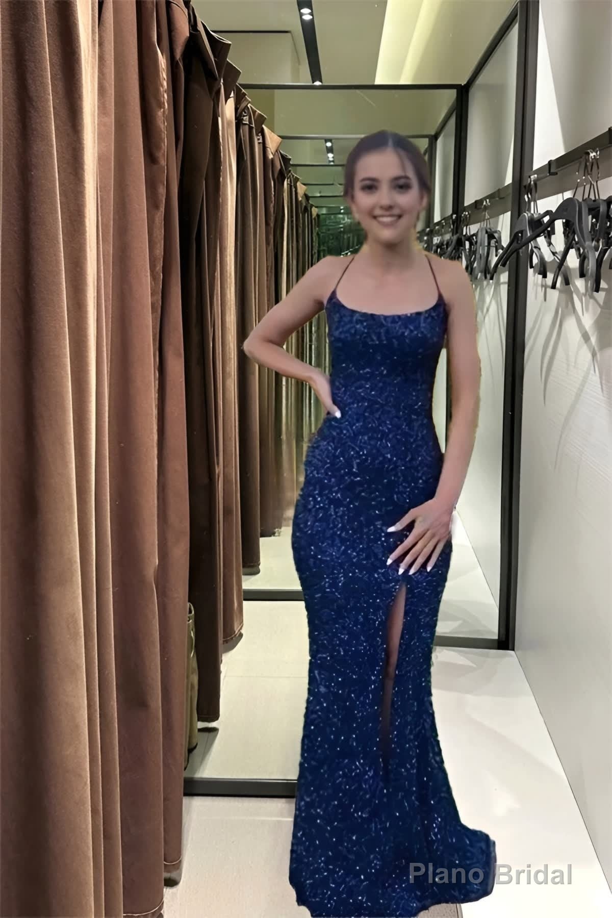 Navy Blue Sequin Long Prom Dresses Mermaid Cross Back Evening Party Dresses Main image