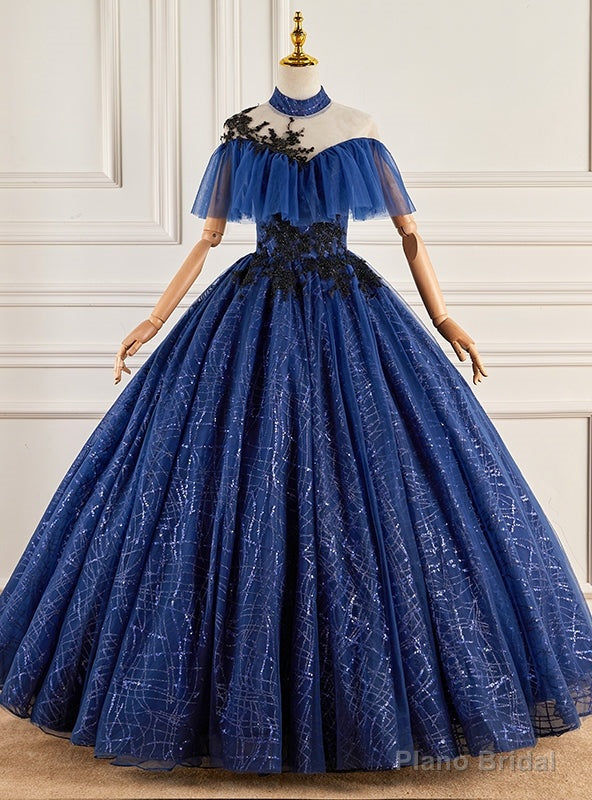 Navy Blue Sequins High Neck Appliques Beading Quinceanera Dress Main image