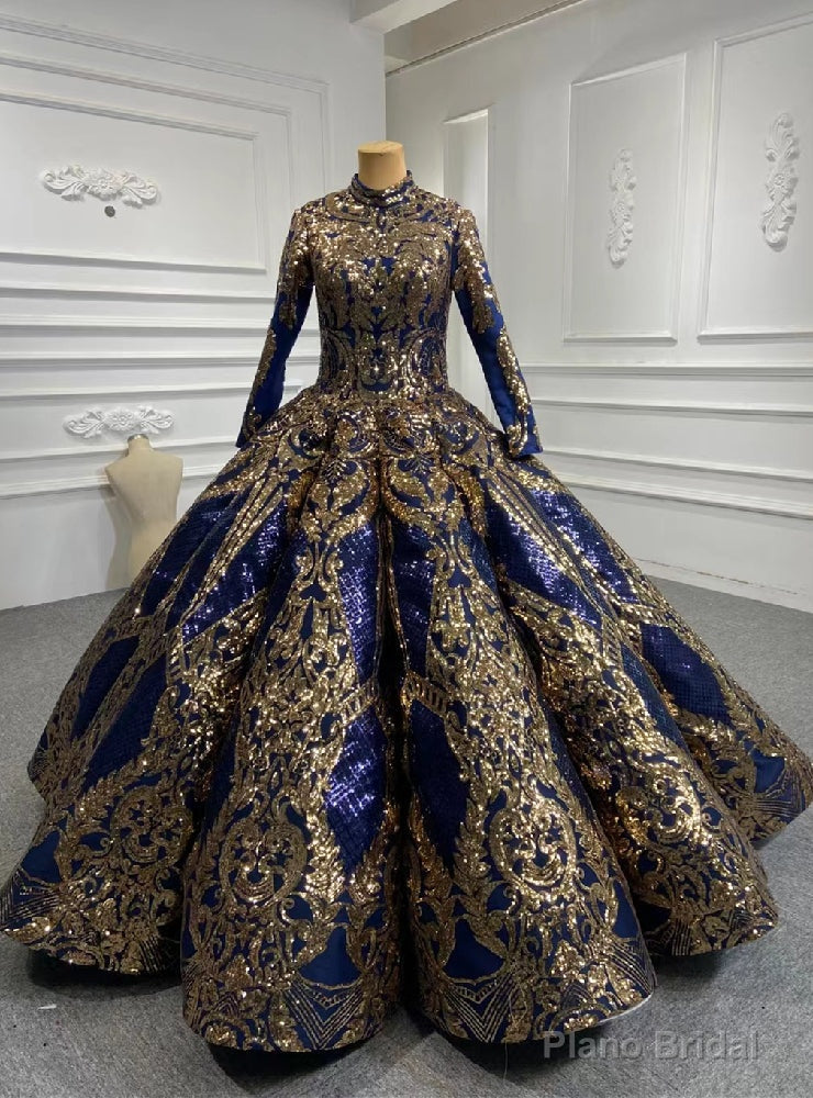 Navy Blue Sequins High Neck Long Sleeve Prom Dress Main image