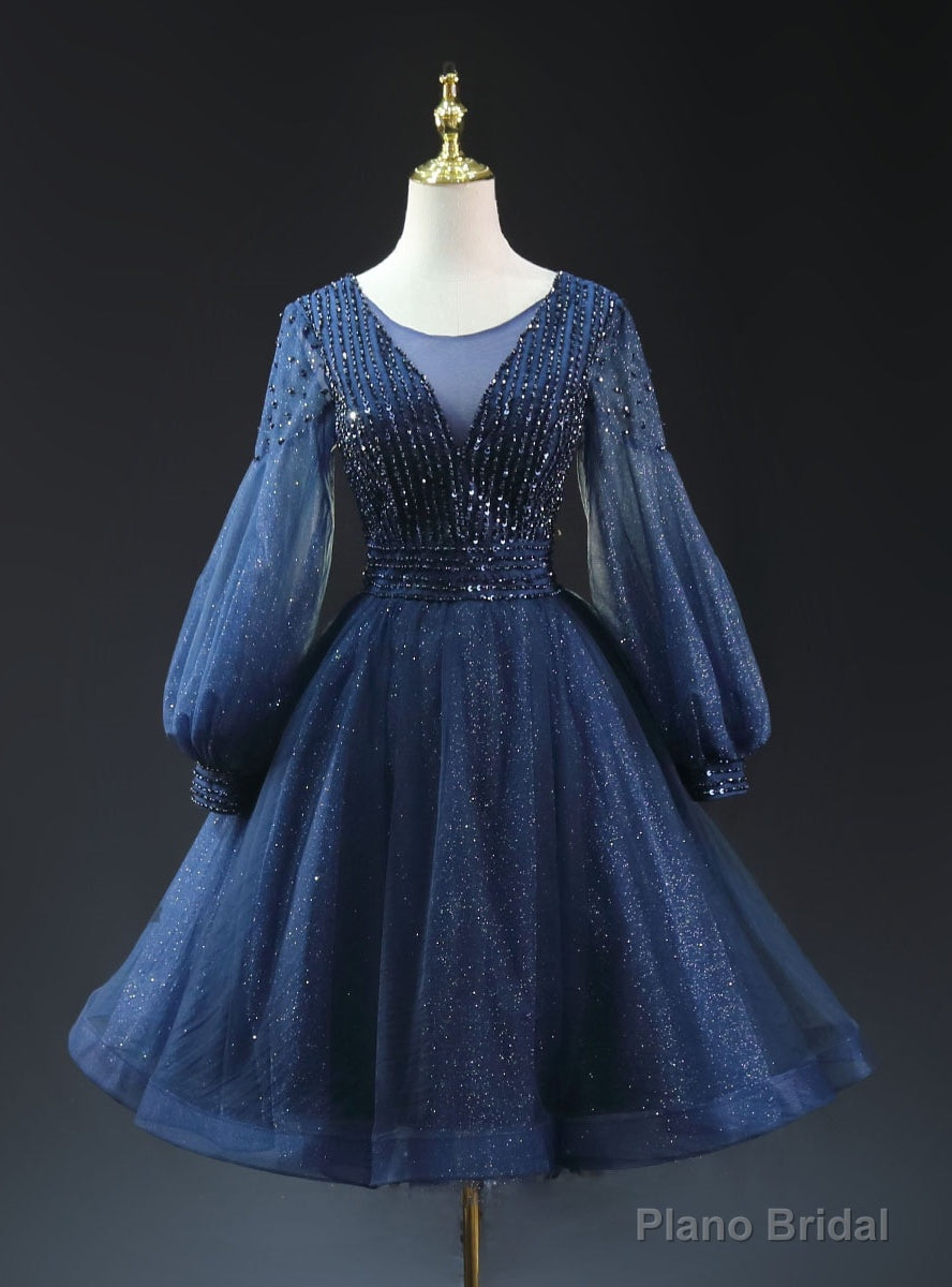 Navy Blue Sequins Long Sleeve Beading Homecoming Dress Main image
