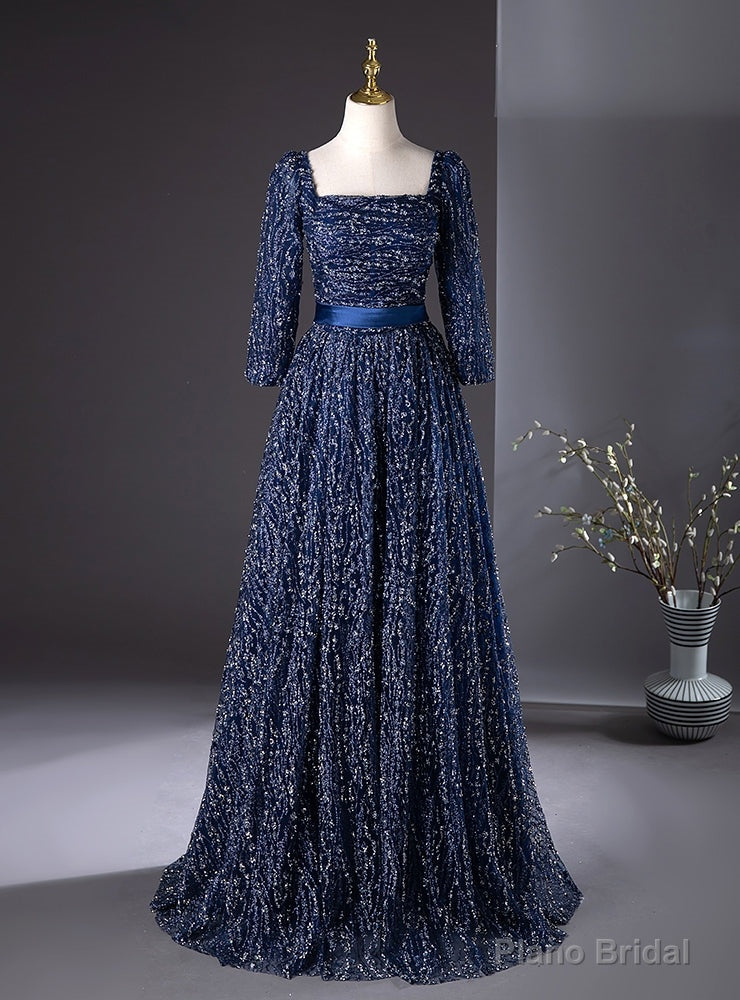 Navy Blue Sequins Long Sleeve Square Prom Dress Main image