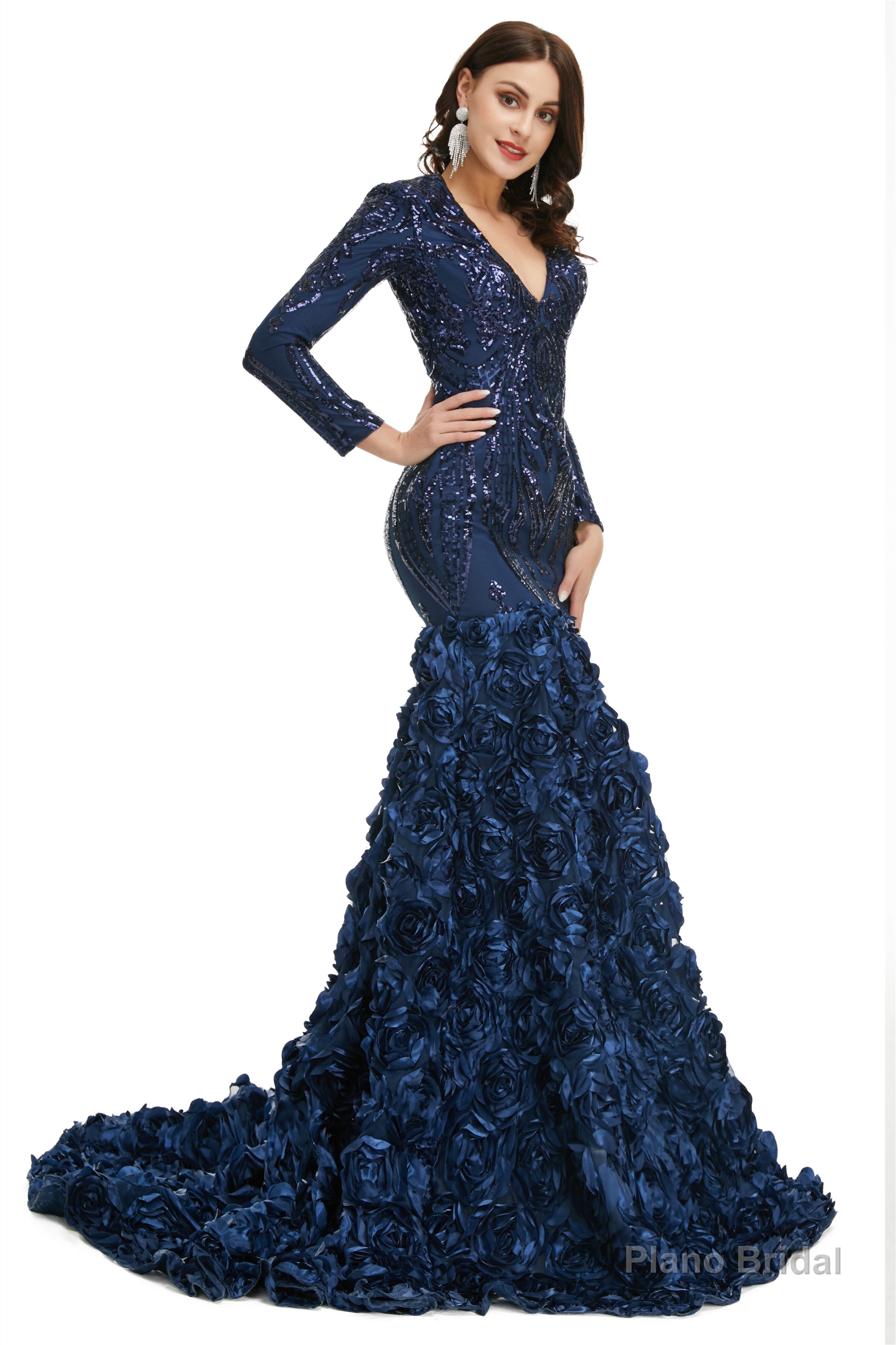Sequins Mermaid Long V Neck Prom Dresses Full Sleeve