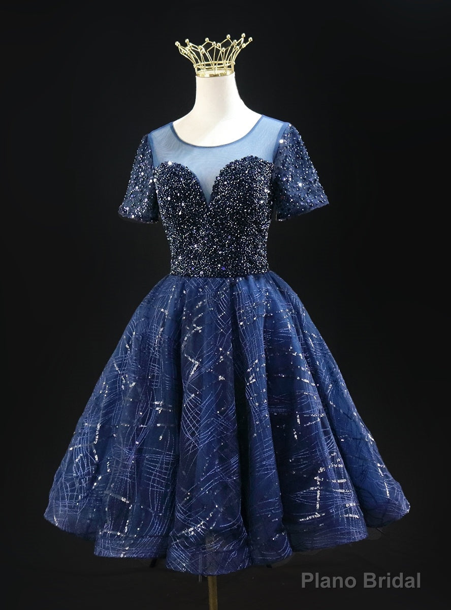 Navy Blue Sequins Short Sleeve Beading Homecoming Dress Main image