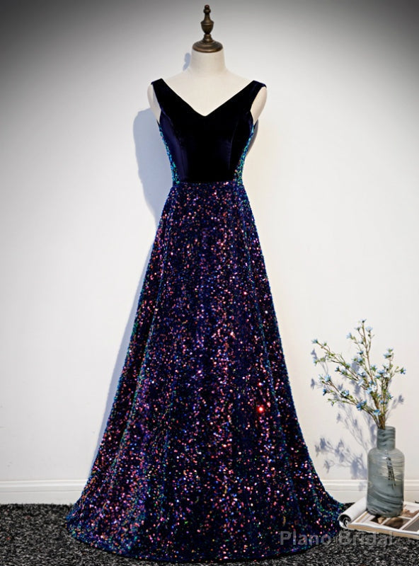 Navy Blue Sequins V-neck Backless Prom Dress Main image