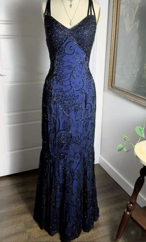 Navy Blue Shiny Elegant Exquisite Beaded Applique Straps Long Tulle Sequins Ball Gown Formal Evening Dresses Party Dresses Secondary image
