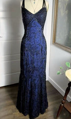 Navy Blue Shiny Elegant Exquisite Beaded Applique Straps Long Tulle Sequins Ball Gown Formal Evening Dresses Party Dresses