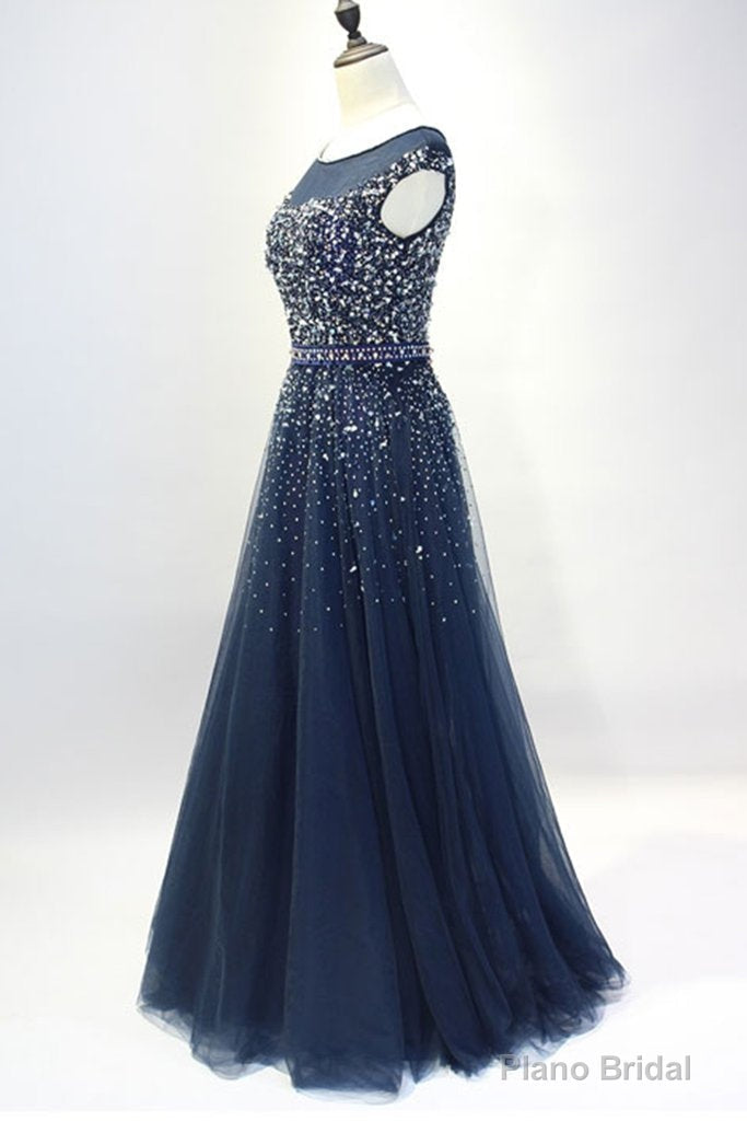 Navy Blue Shiny Sequins Round Neckline Tulle Party Dress, A-line Tulle Blue Evening Dress Prom Dress Secondary image