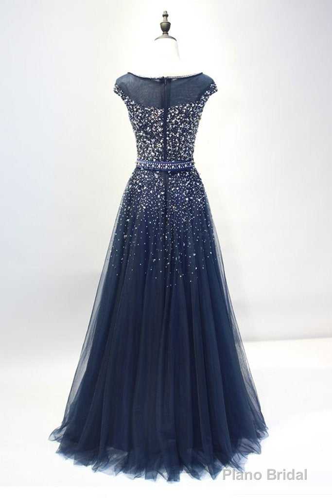 Navy Blue Shiny Sequins Round Neckline Tulle Party Dress, A-line Tulle Blue Evening Dress Prom Dress