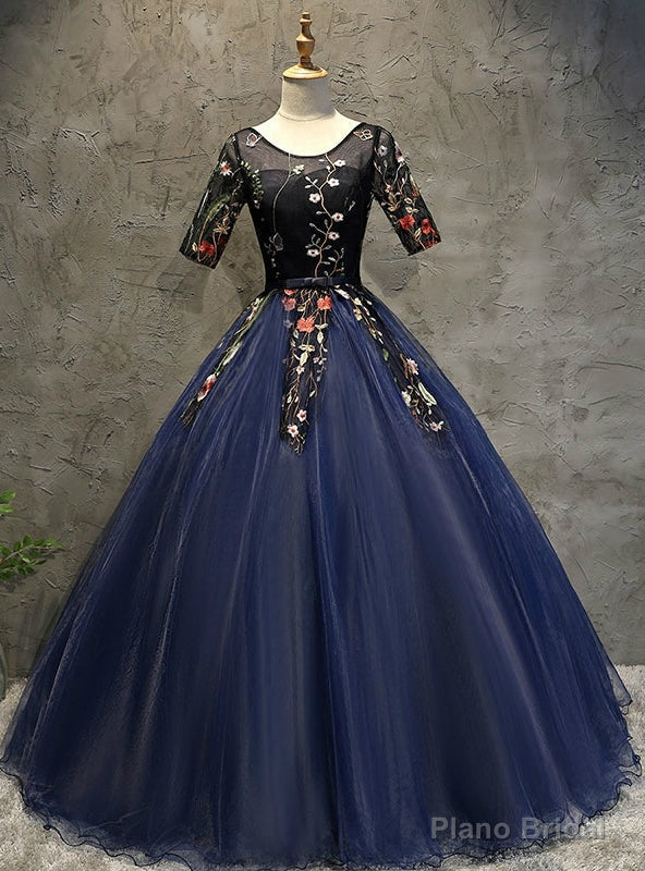 Navy Blue Short Sleeve Tulle Embroidery Quinceanera Dresses Main image