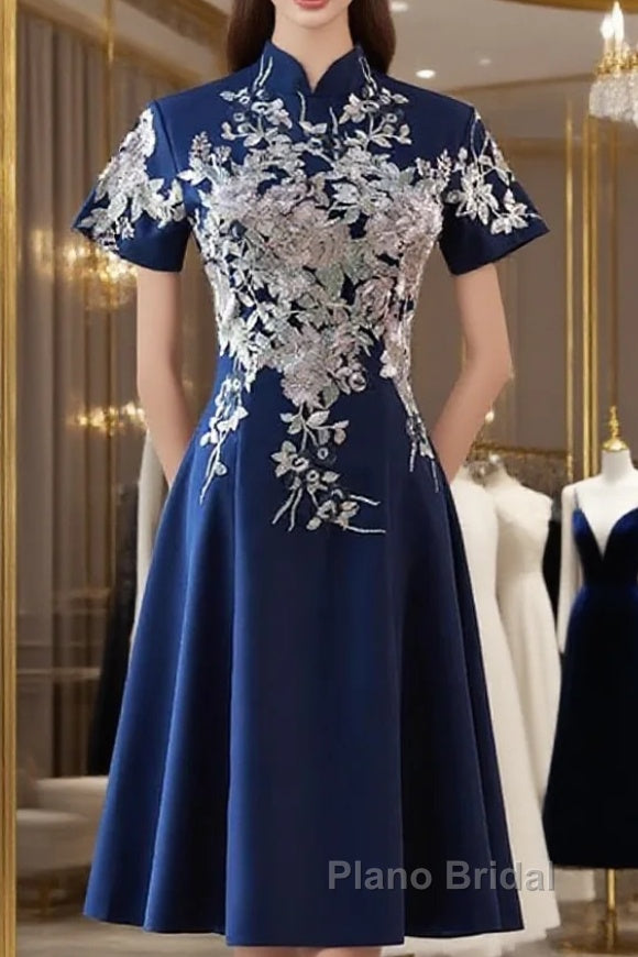 Navy Blue Short Sleeves Party Dresses With Lace Applique, Short Cute Blue Wedding Party Dresses Main image