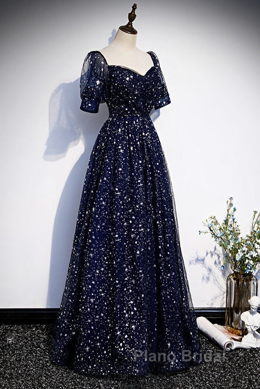 Navy Blue Short Sleeves Sweetheart Long Party Dresses, A-Line Blue Evening Gown Secondary image