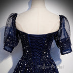 Navy Blue Short Sleeves Sweetheart Long Party Dresses, A-Line Blue Evening Gown