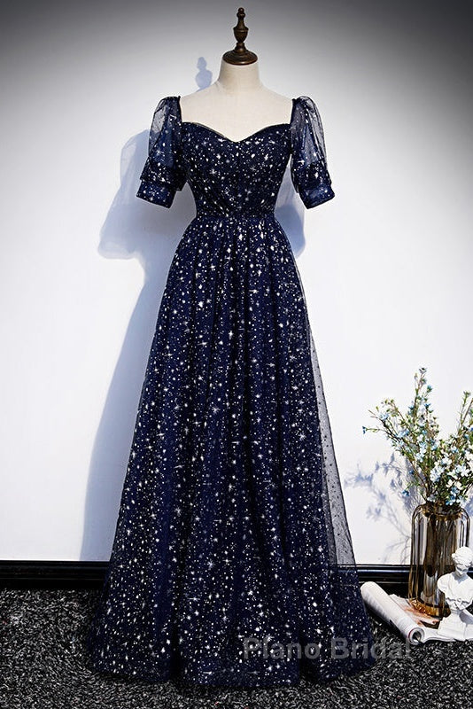 Navy Blue Short Sleeves Sweetheart Long Party Dresses, A-Line Blue Evening Gown