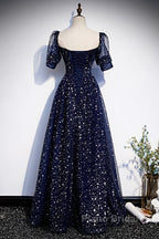 Navy Blue Short Sleeves Sweetheart Long Party Dresses, A-Line Blue Evening Gown