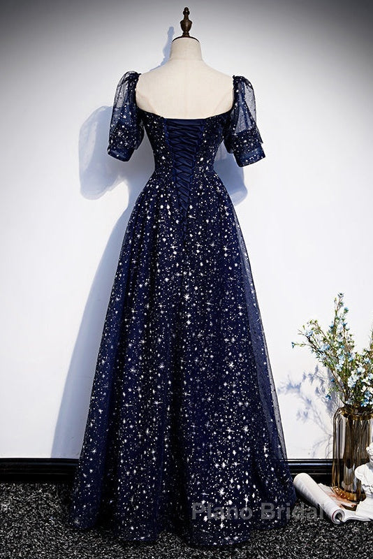 Navy Blue Short Sleeves Sweetheart Long Party Dresses, A-Line Blue Evening Gown