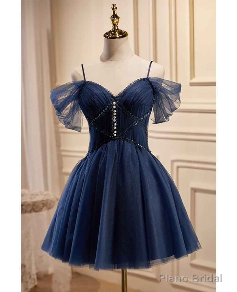 Navy Blue Short Tulle Homecoming Prom Dress with Beadings Main image