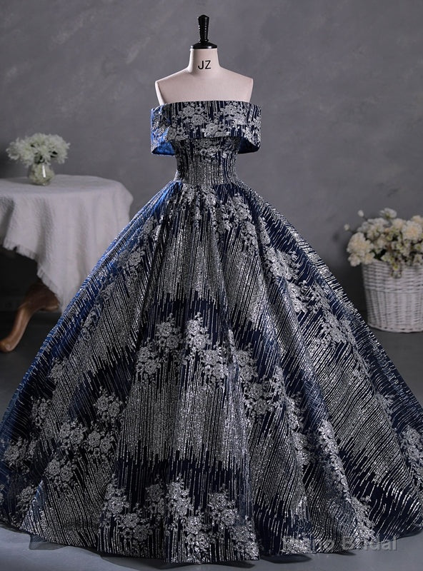 Navy Blue Silver Sequins Off the Shoulder Quinceanera Dress Main image