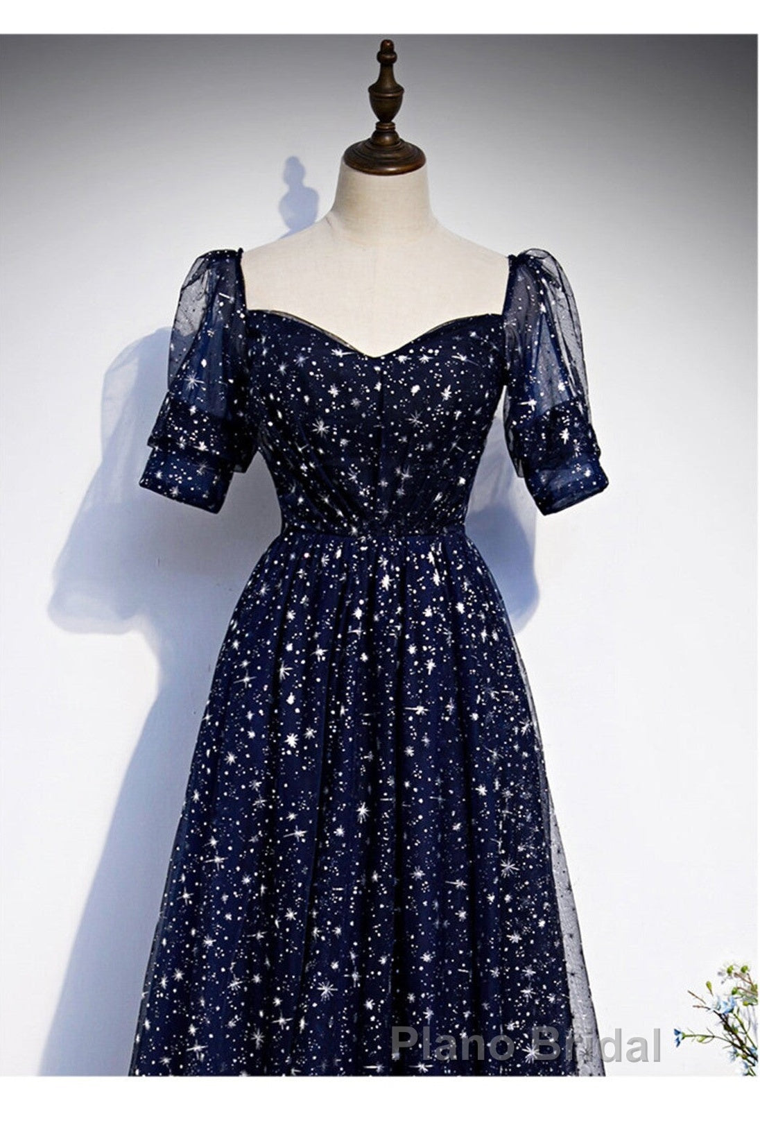 Navy Blue Simple Tulle Short Sleeves Formal Prom Dresses, Navy Blue Long Evening Dresses