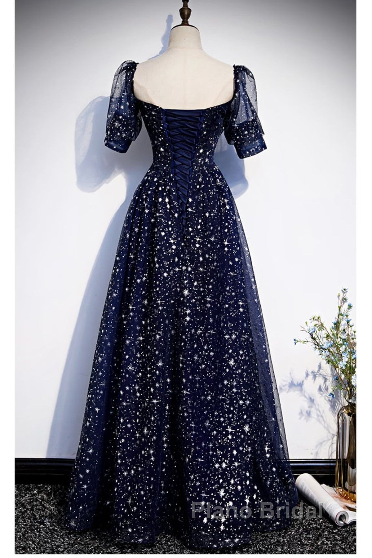 Navy Blue Simple Tulle Short Sleeves Formal Prom Dresses, Navy Blue Long Evening Dresses