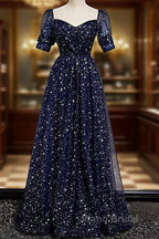 Navy Blue Simple Tulle Short Sleeves Formal Prom Dresses, Navy Blue Long Evening Dresses