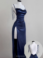 Navy Blue Spaghetti Strap Bodycon Satin  Elegant Formal Prom Dresses Backless Party Dresses