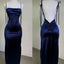 Navy Blue Spaghetti Strap Bodycon Satin  Elegant Formal Prom Dresses Backless Party Dresses