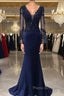 Navy Blue Spandex Long Sleeves Mermaid Evening Dresses, Navy Blue Formal Prom Dresses