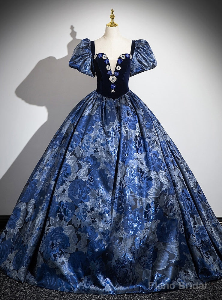 Navy Blue Sqwuare Puff Sleeve Crystal Quinceanera Dress Main image