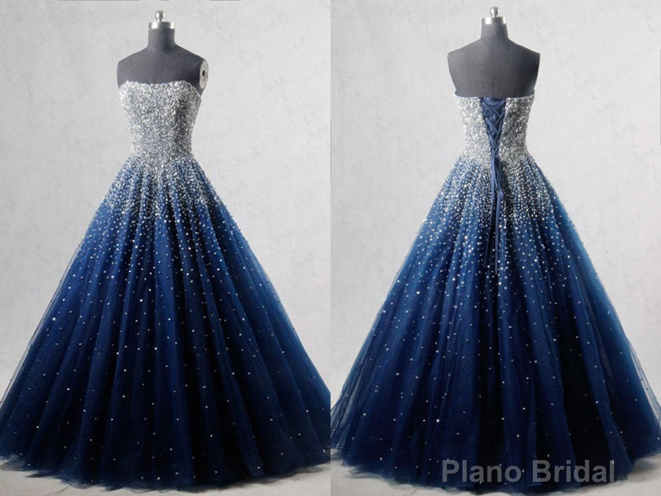 Navy Blue Strapless Floor Length Prom Ball Gown with Beading Sequins, Prom Dresses,Formal Dresses Main image