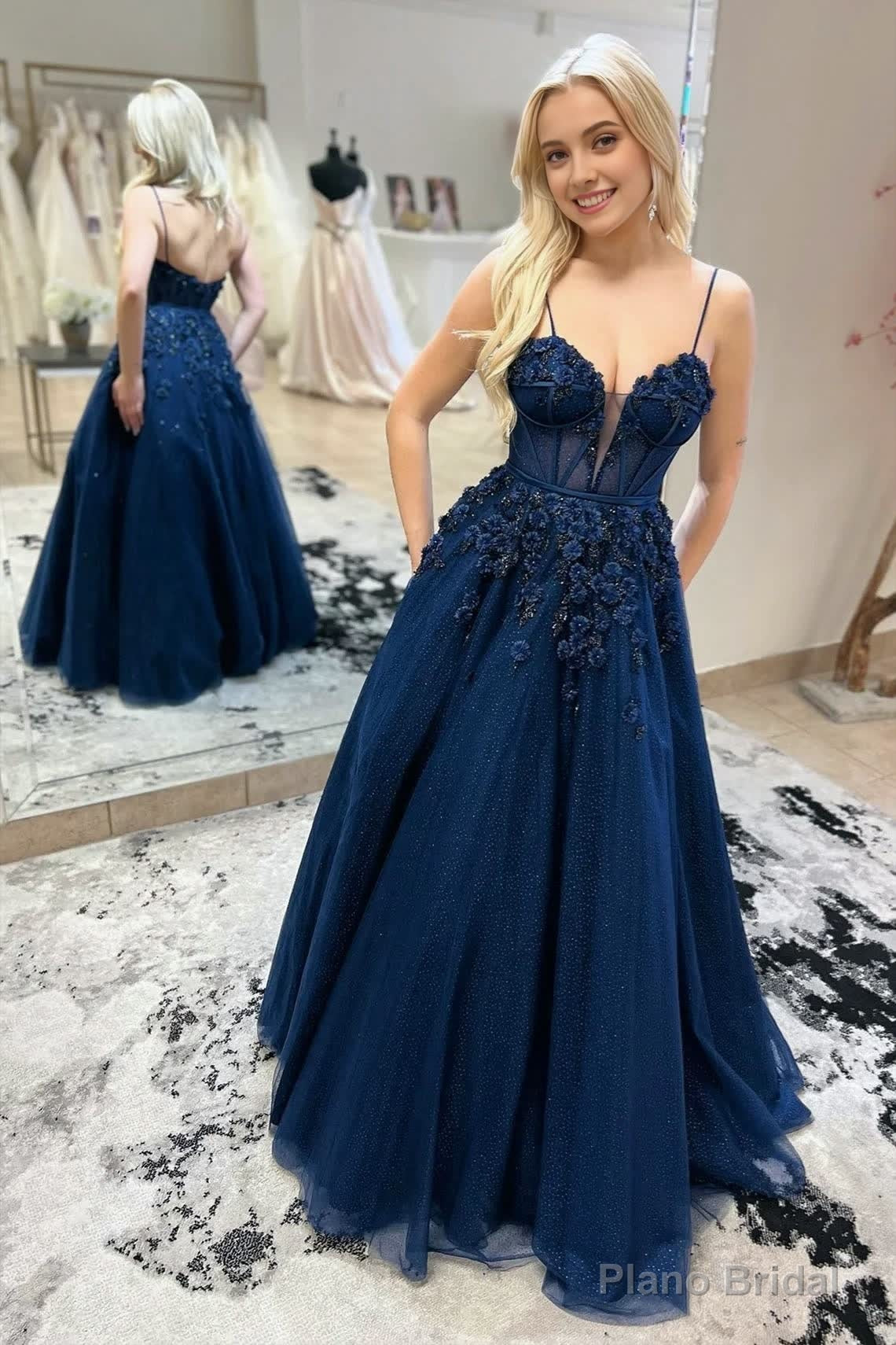 Navy Blue Straps Plunging V Floral Beaded Long Prom Dress Main image