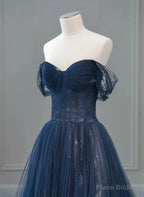 Navy Blue Sweetheart Off Shoulder Tulle Prom Dress, A-line Tulle Formal Dress
