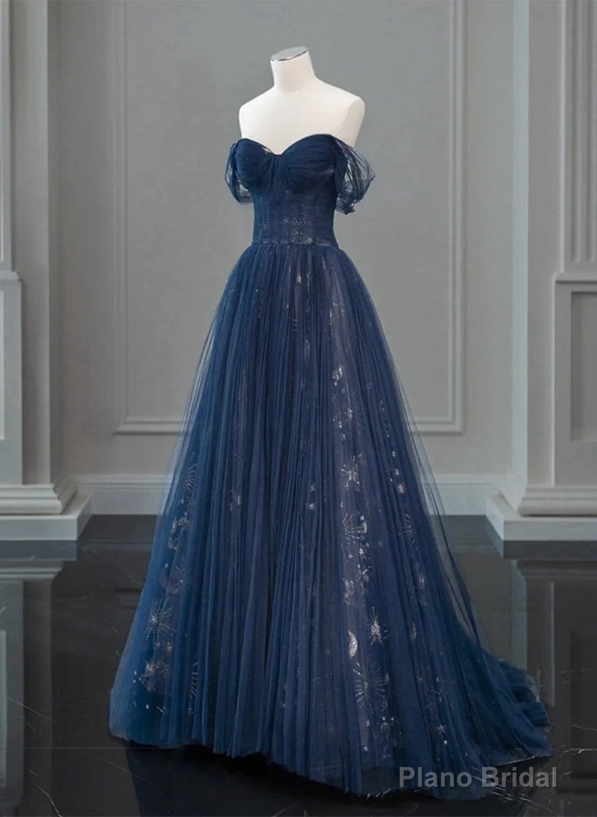 Navy Blue Sweetheart Off Shoulder Tulle Prom Dress, A-line Tulle Formal Dress Main image