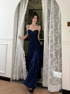 Navy Blue Sweetheart Straps Mermaid Party Dresses, Navy Blue Sweetheart Formal Prom Dresses