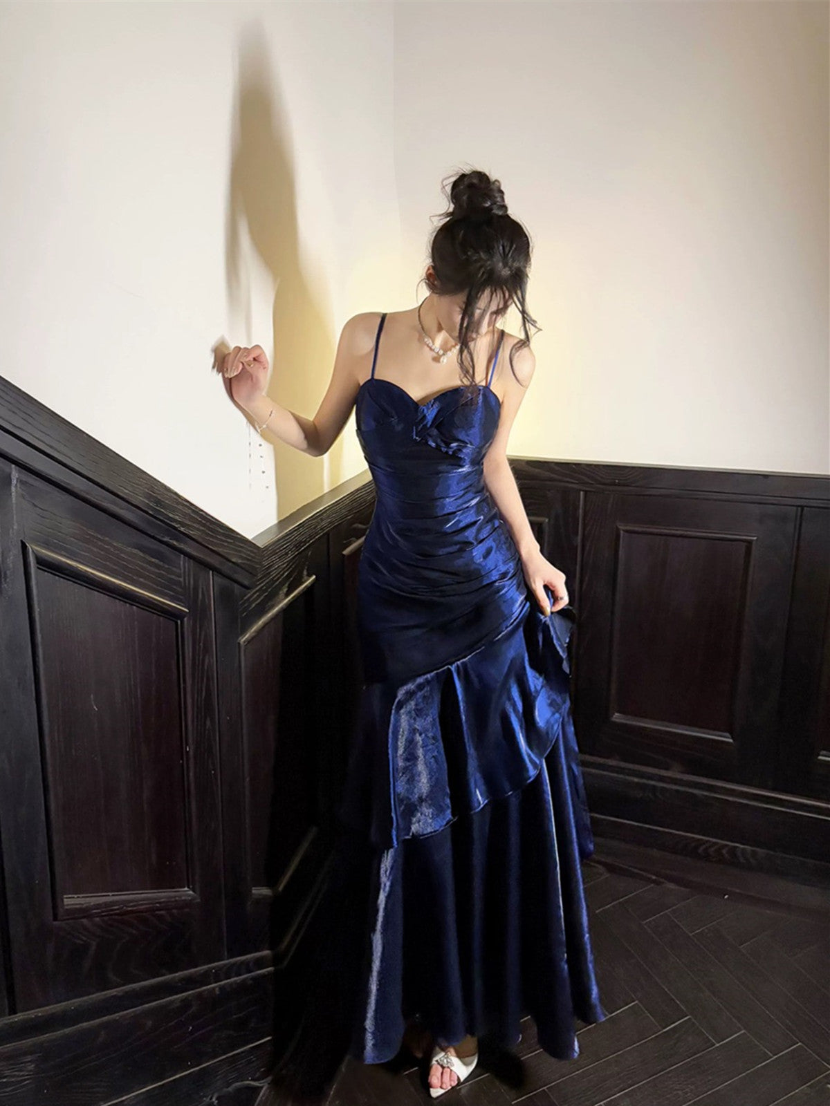 Navy Blue Sweetheart Straps Mermaid Party Dresses, Navy Blue Sweetheart Formal Prom Dresses