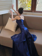 Navy Blue Sweetheart Straps Mermaid Party Dresses, Navy Blue Sweetheart Formal Prom Dresses