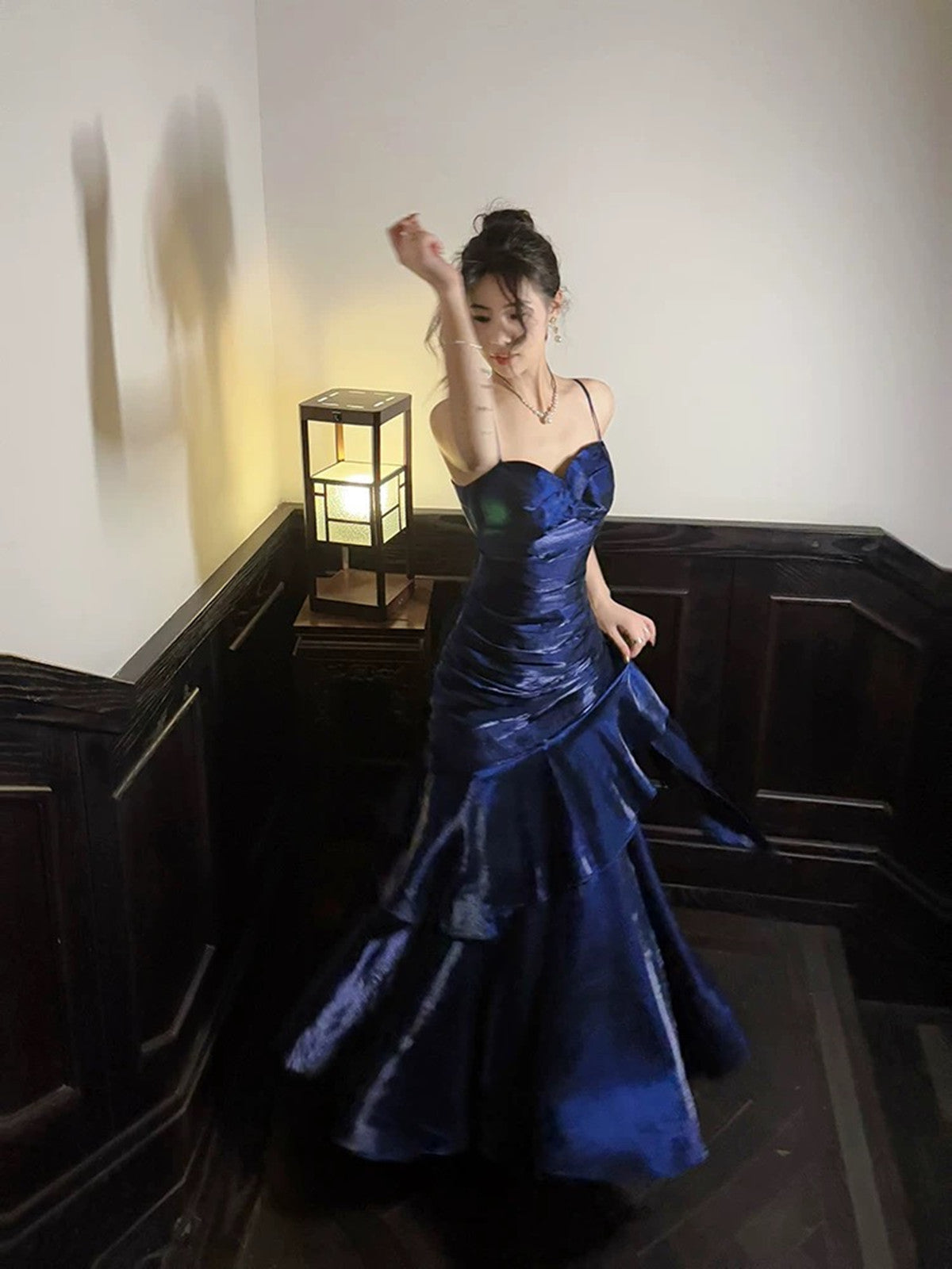 Navy Blue Sweetheart Straps Mermaid Party Dresses, Navy Blue Sweetheart Formal Prom Dresses
