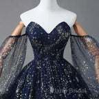 Navy Blue Tulle A-Line Long Party Dresses Evening Dresses, Navy Blue Long Formal Prom Dresses