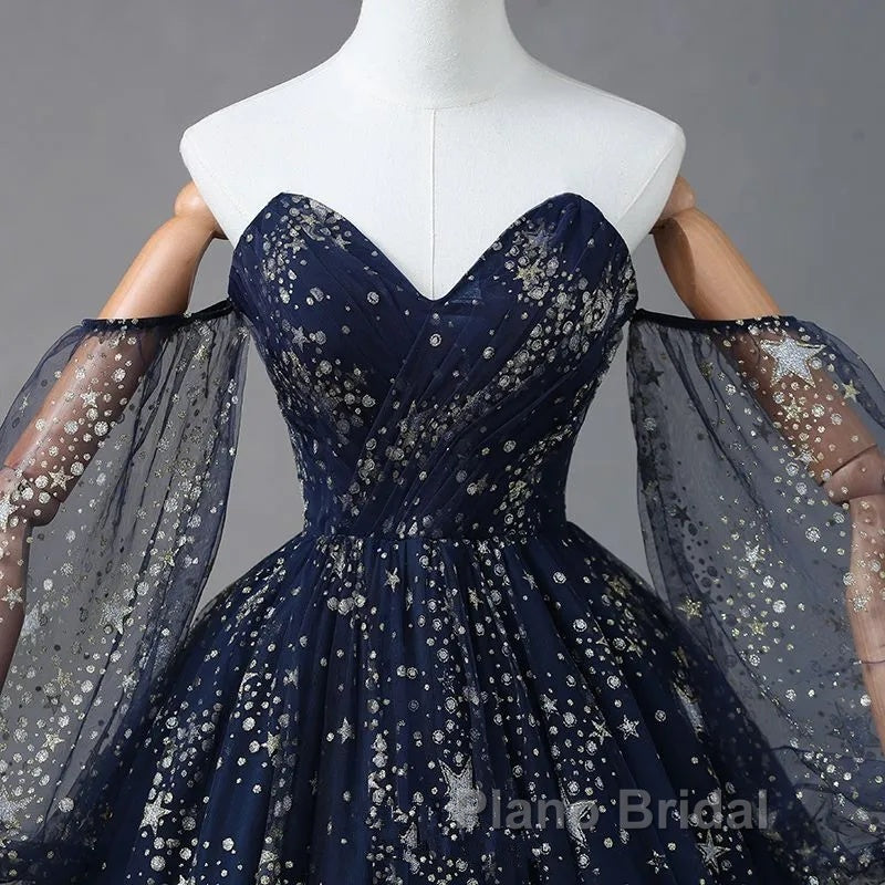Navy Blue Tulle A-Line Long Party Dresses Evening Dresses, Navy Blue Long Formal Prom Dresses