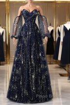 Navy Blue Tulle A-Line Long Party Dresses Evening Dresses, Navy Blue Long Formal Prom Dresses