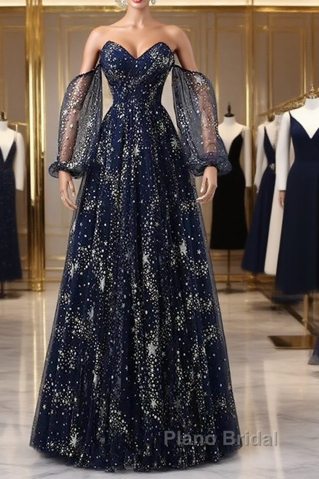 Navy Blue Tulle A-Line Long Party Dresses Evening Dresses, Navy Blue Long Formal Prom Dresses