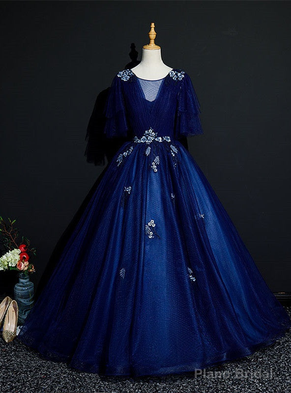 Navy Blue Tulle Appliques Short Sleeve Quinceanera Dress Main image